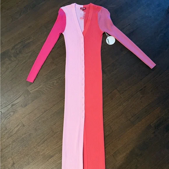 STAUD Two-Tone Pink & Red Ribbed Button-Front Maxi Dress - Picture 2 of 3